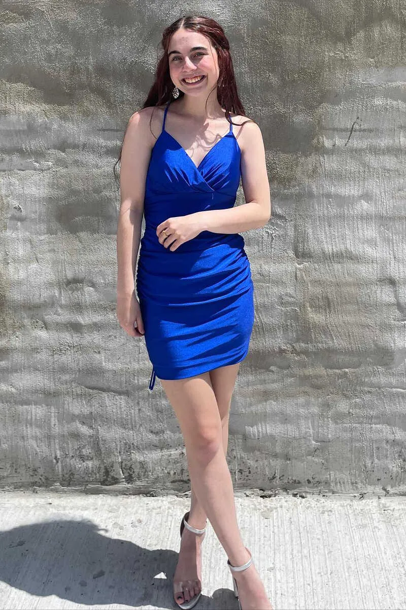 Royal Blue Surplice Ruched Short Homecoming Dress Silk Hoco Dress