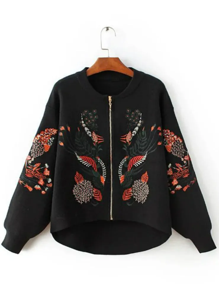 Sweater Cardigans Embroidery Zipper Sweater Poncho