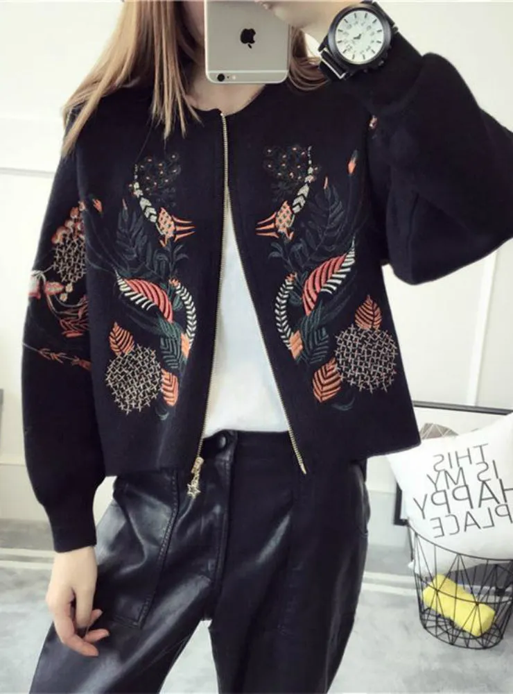 Sweater Cardigans Embroidery Zipper Sweater Poncho