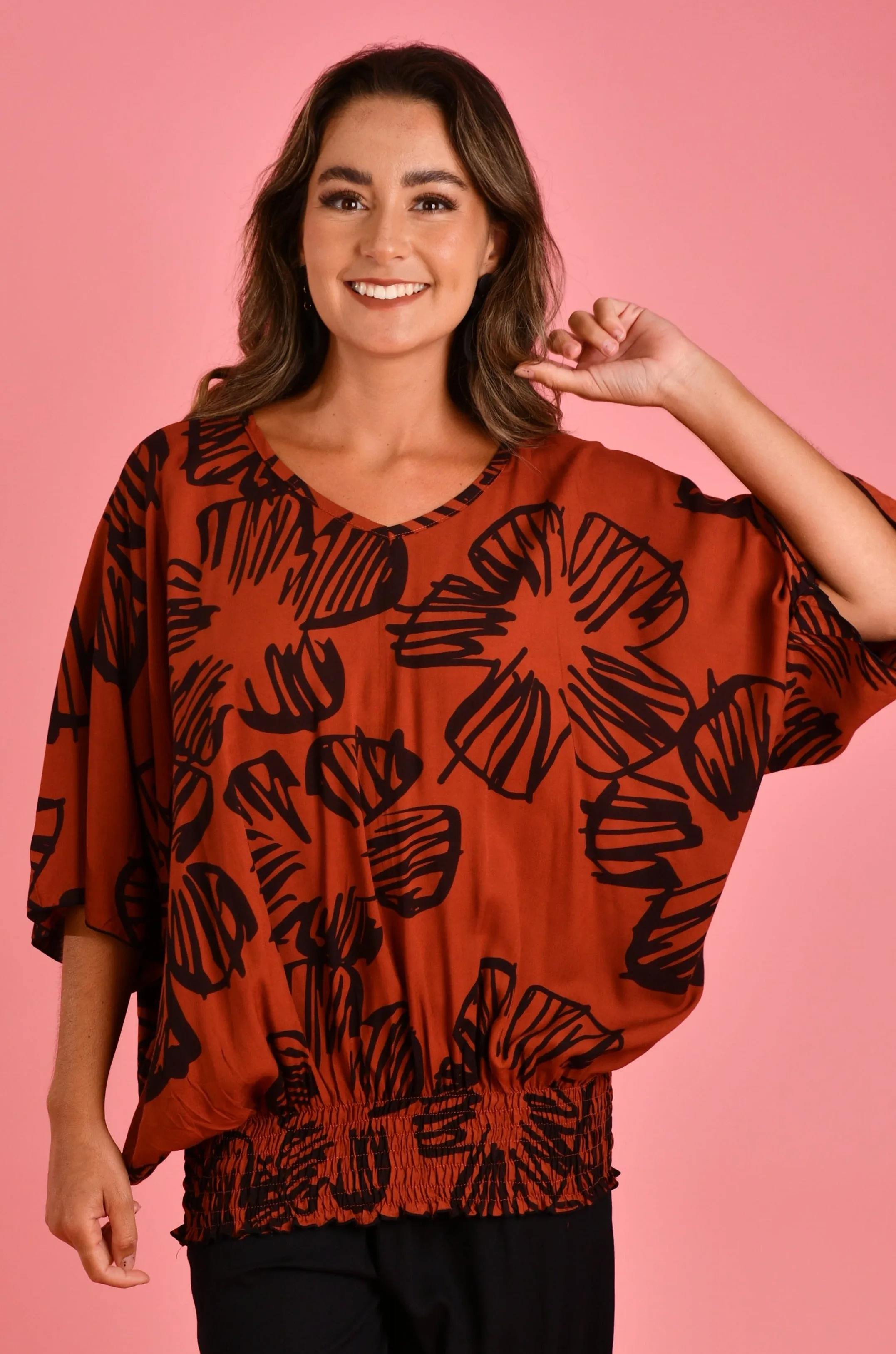 VBLT112 - V NECK BATWING TOP - AUTUMN VIBES RUST