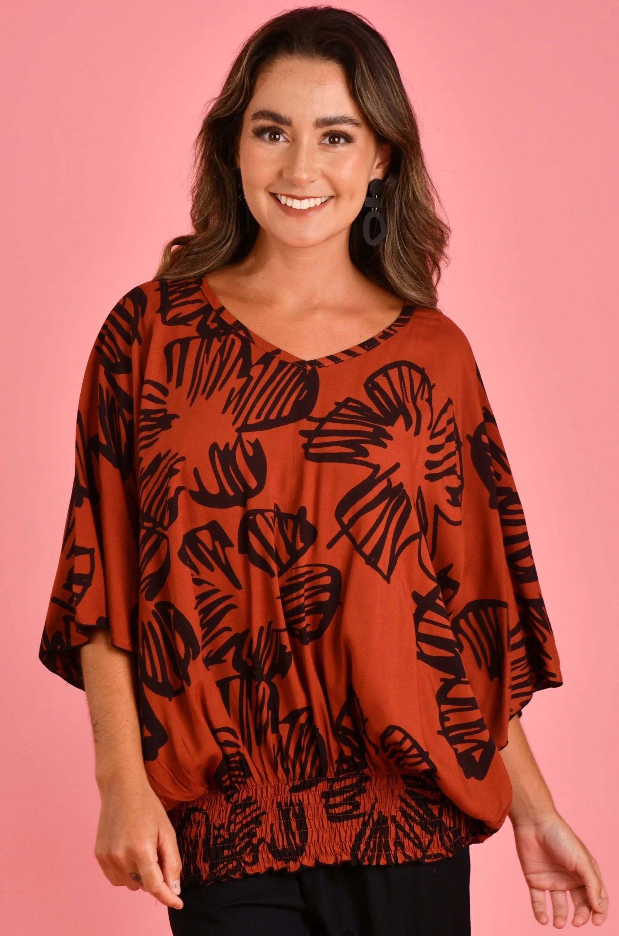 VBLT112 - V NECK BATWING TOP - AUTUMN VIBES RUST