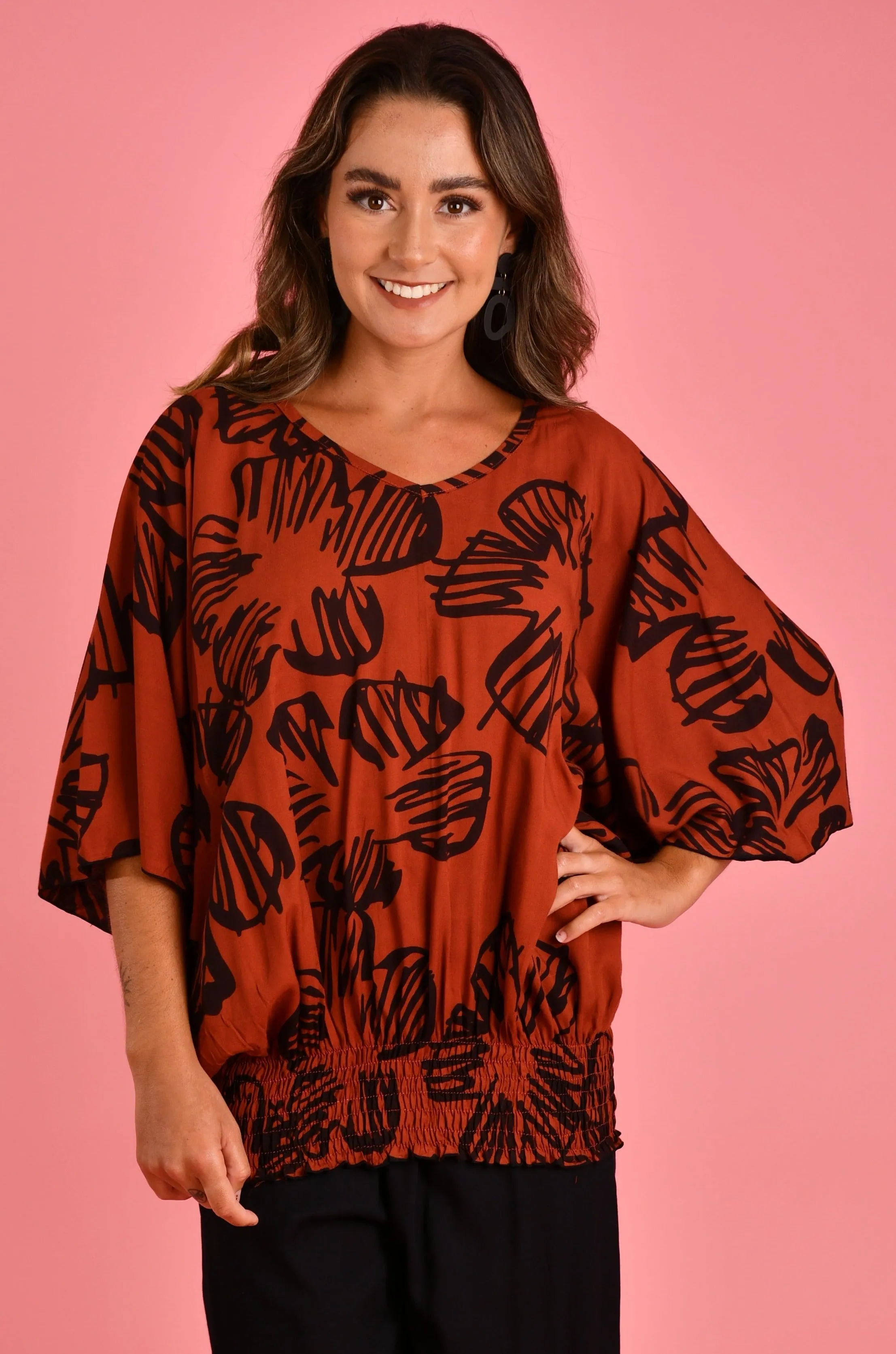 VBLT112 - V NECK BATWING TOP - AUTUMN VIBES RUST