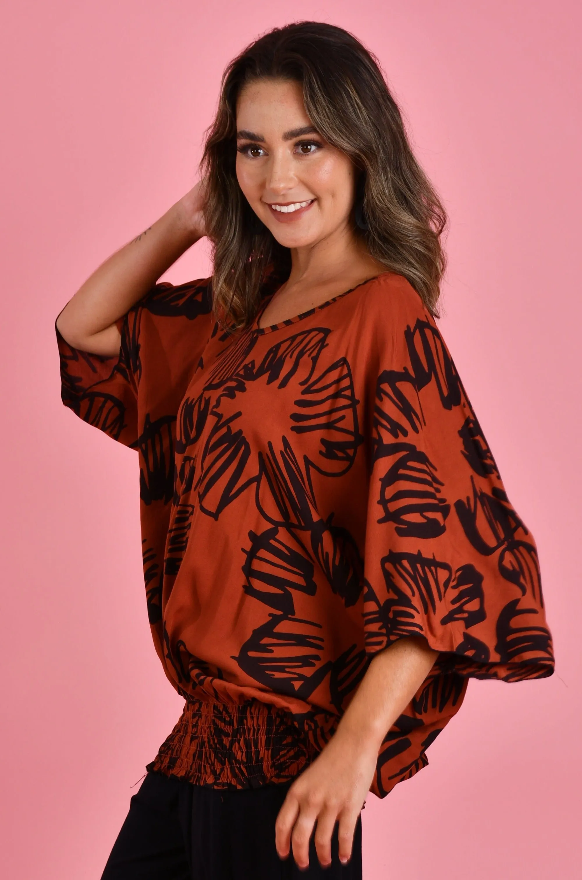 VBLT112 - V NECK BATWING TOP - AUTUMN VIBES RUST