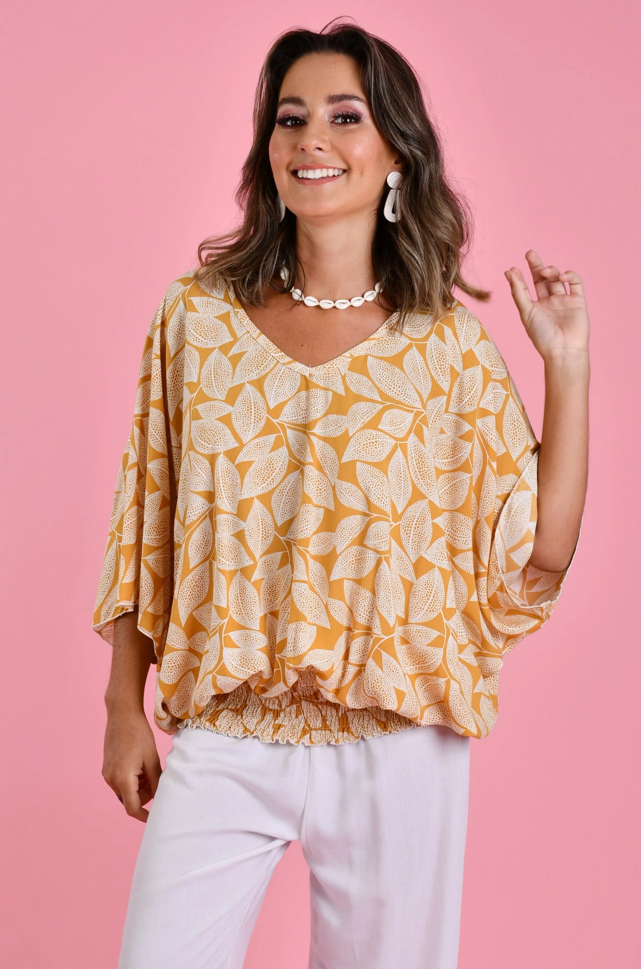 VBLT112 - V NECK BATWING TOP - SPOTTED LEAF MUSTARD