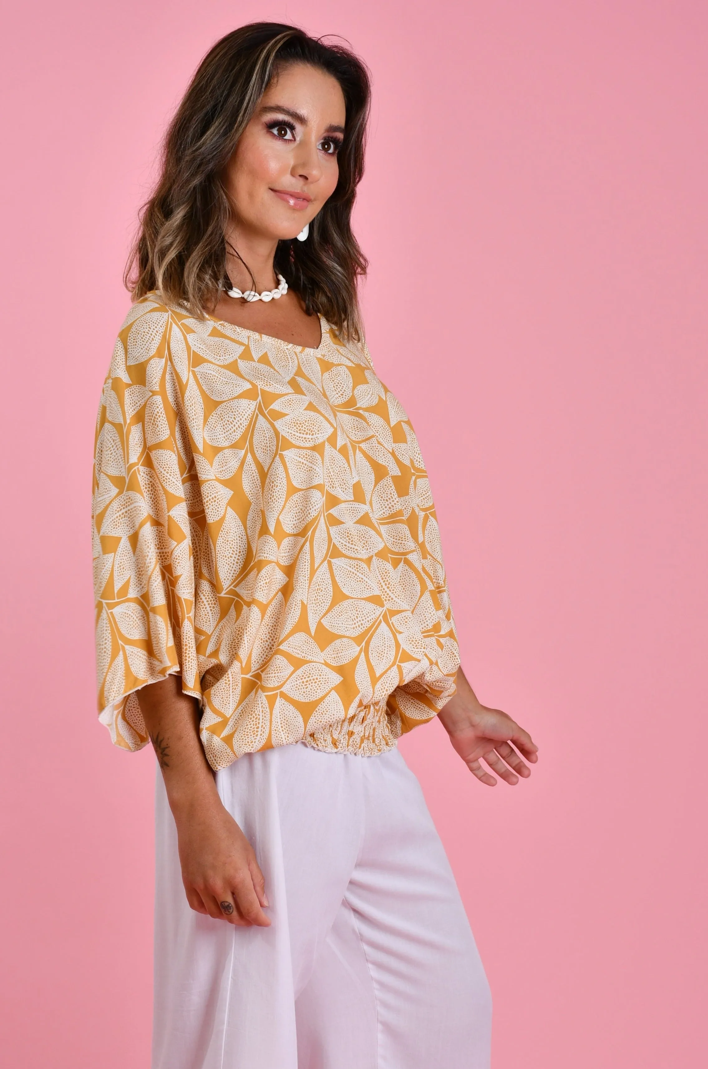 VBLT112 - V NECK BATWING TOP - SPOTTED LEAF MUSTARD