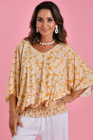 VBLT112 - V NECK BATWING TOP - SPOTTED LEAF MUSTARD