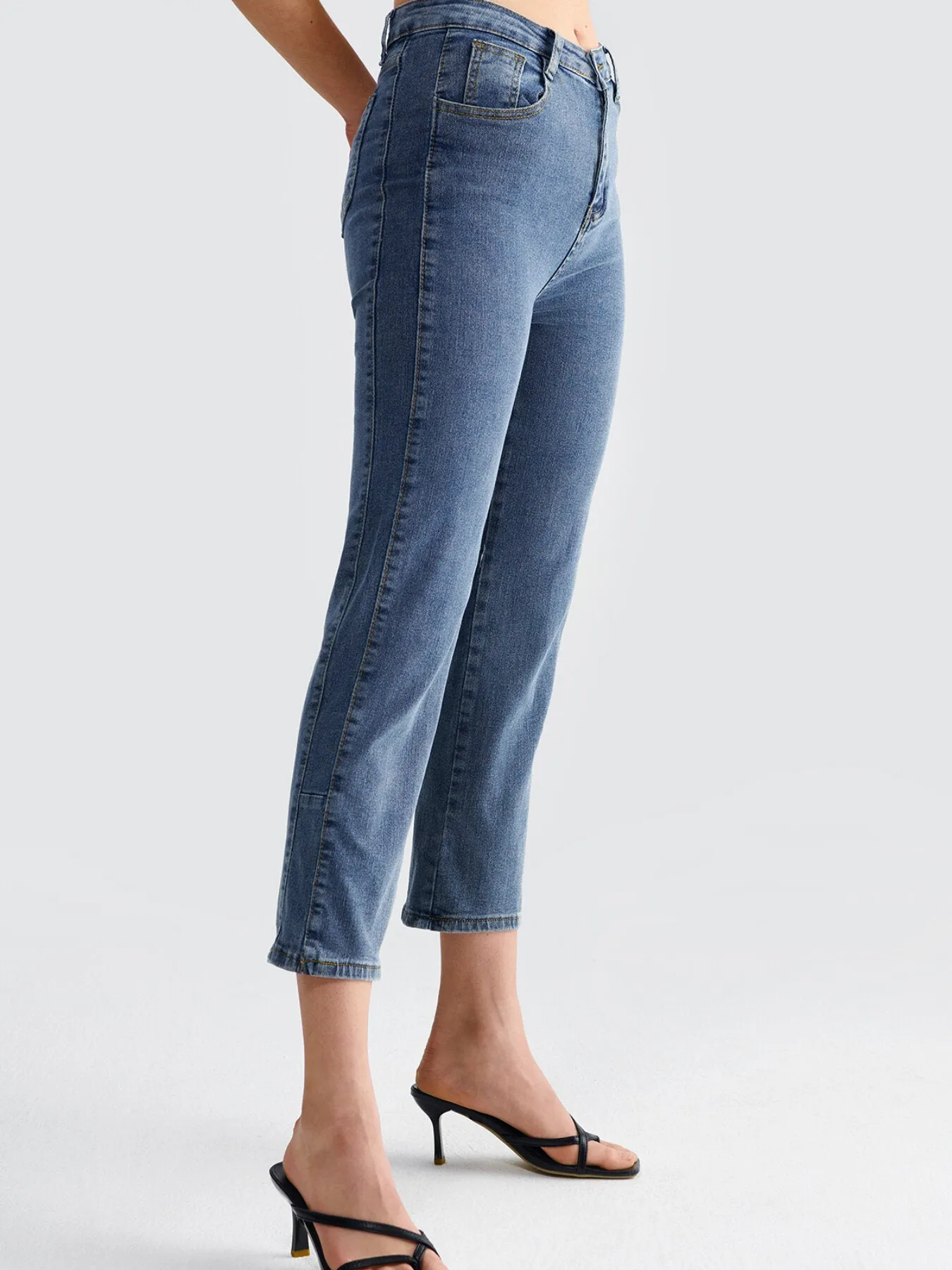 Washed Button Pocket Wide Leg Jeans