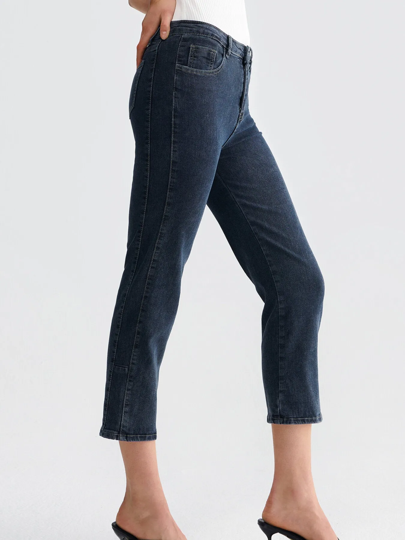 Washed Button Pocket Wide Leg Jeans