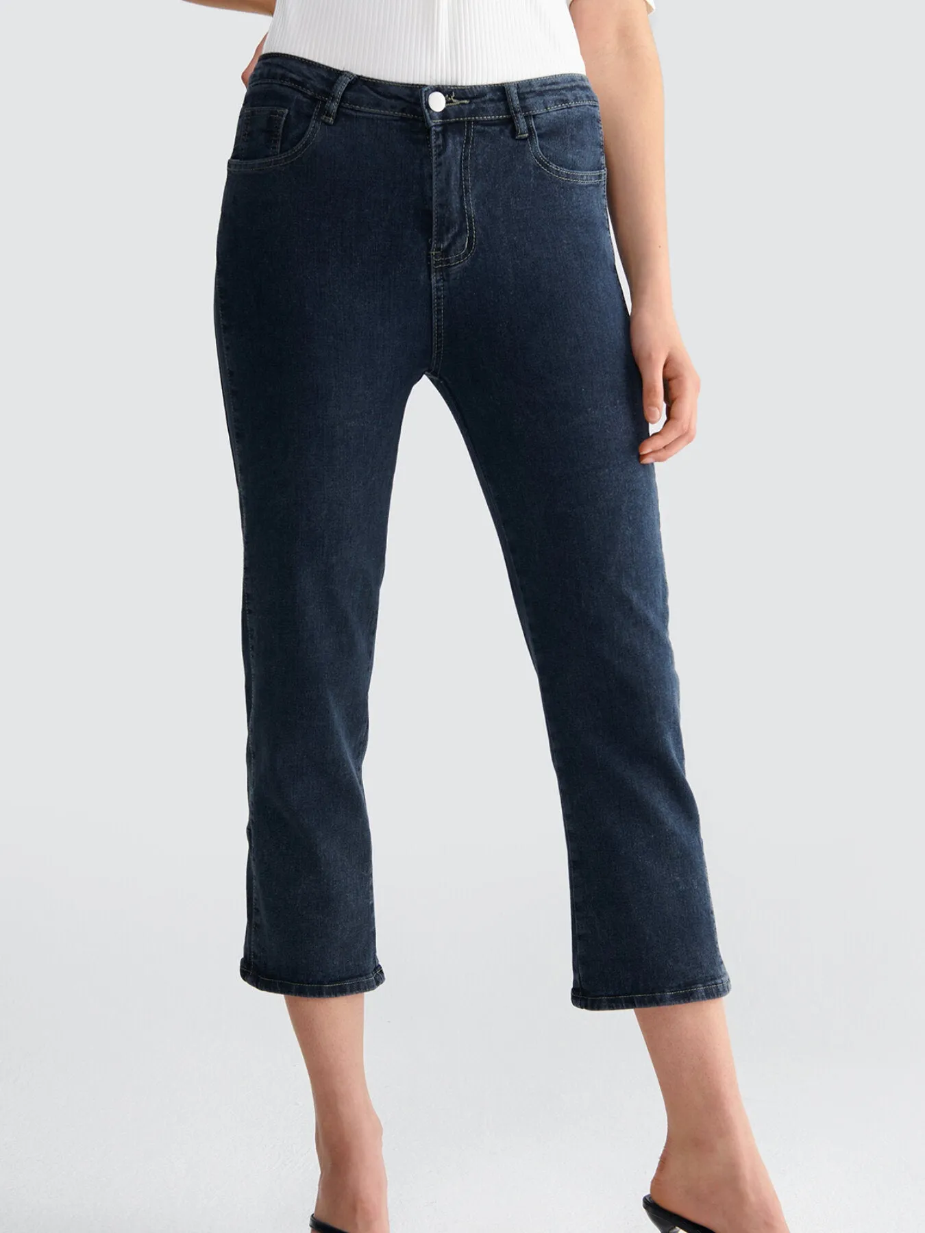 Washed Button Pocket Wide Leg Jeans