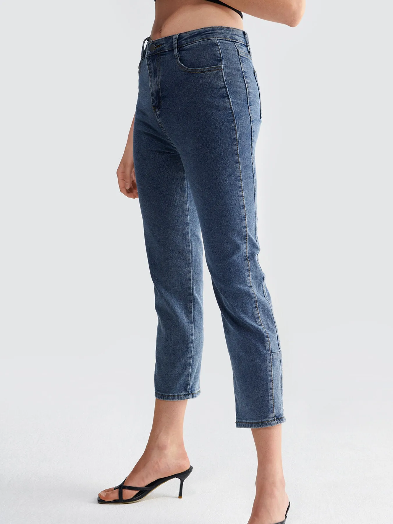 Washed Button Pocket Wide Leg Jeans