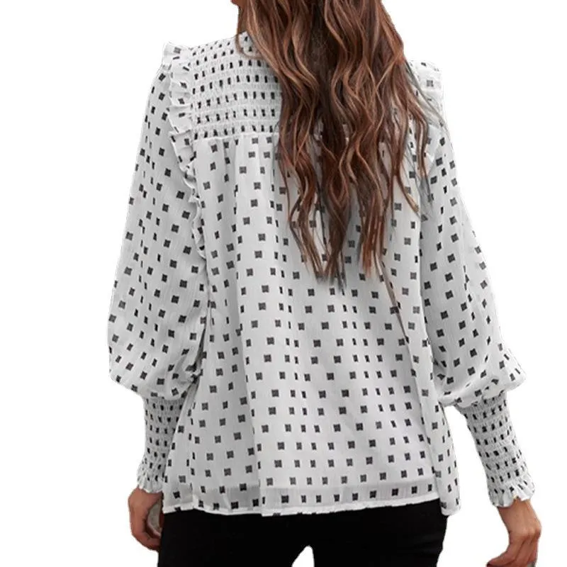 Women Ruffled Dot Print Chiffon Tops Blouses