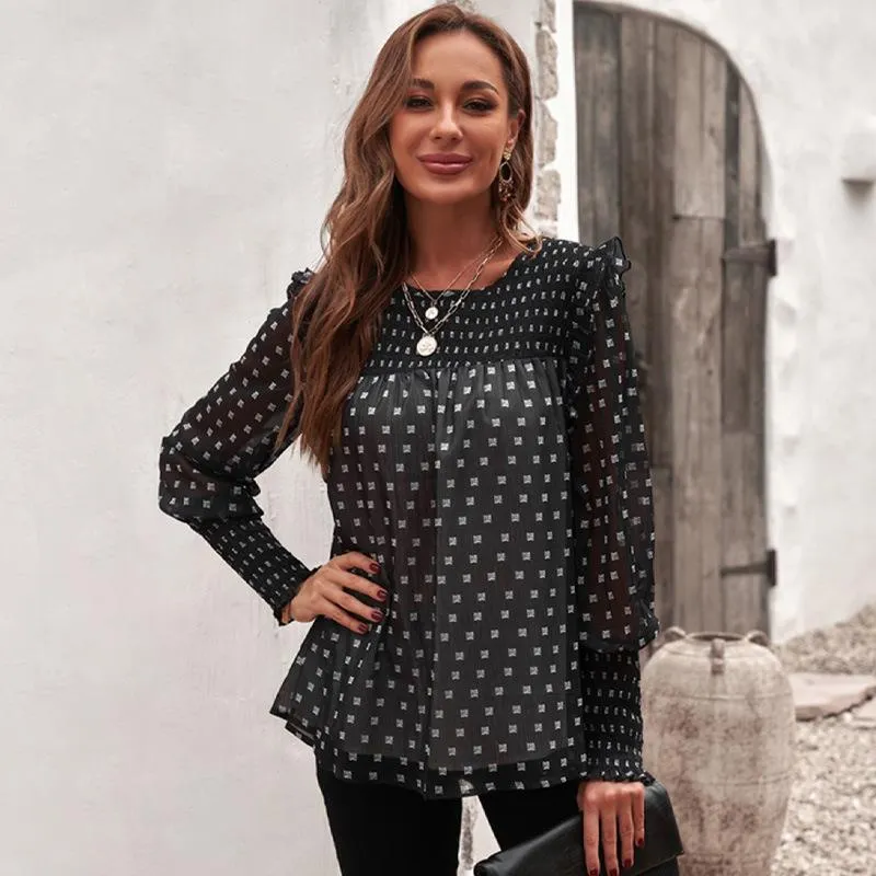 Women Ruffled Dot Print Chiffon Tops Blouses