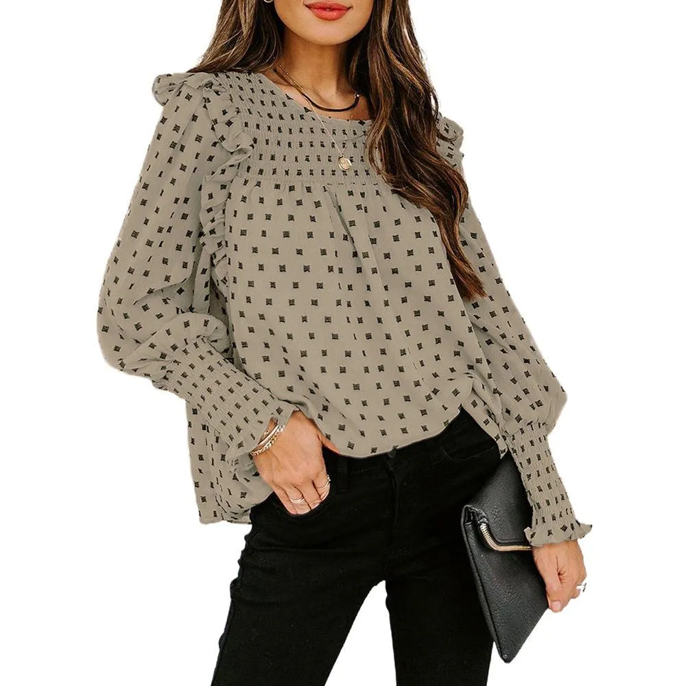 Women Ruffled Dot Print Chiffon Tops Blouses