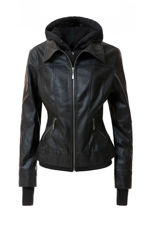 Women's Hooded Vegan Leather Jacket (more color options)