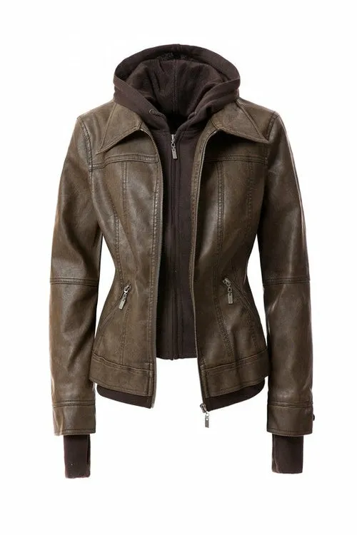 Women's Hooded Vegan Leather Jacket (more color options)