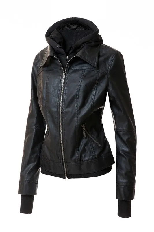 Women's Hooded Vegan Leather Jacket (more color options)