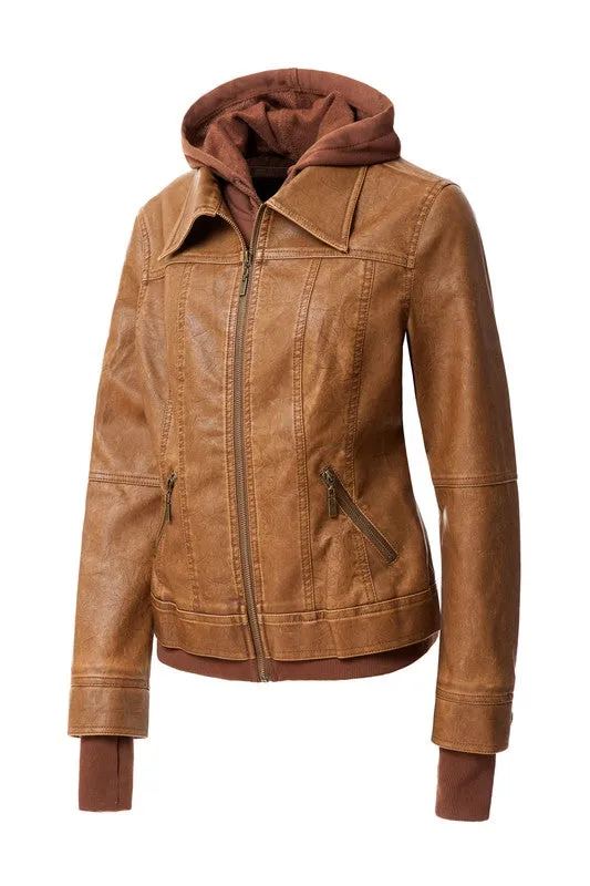 Women's Hooded Vegan Leather Jacket (more color options)