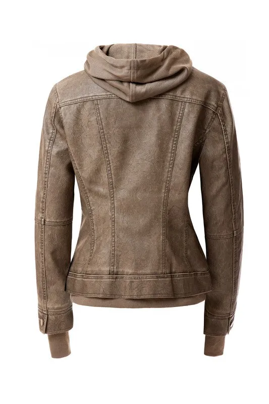 Women's Hooded Vegan Leather Jacket (more color options)